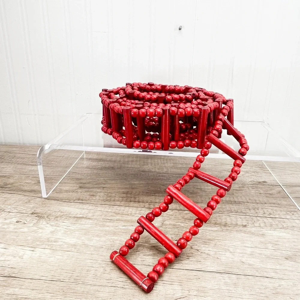 Vintage Red Wooden Holiday Garland Beaded Ladder Christmas Tree Trim 8.5 Ft